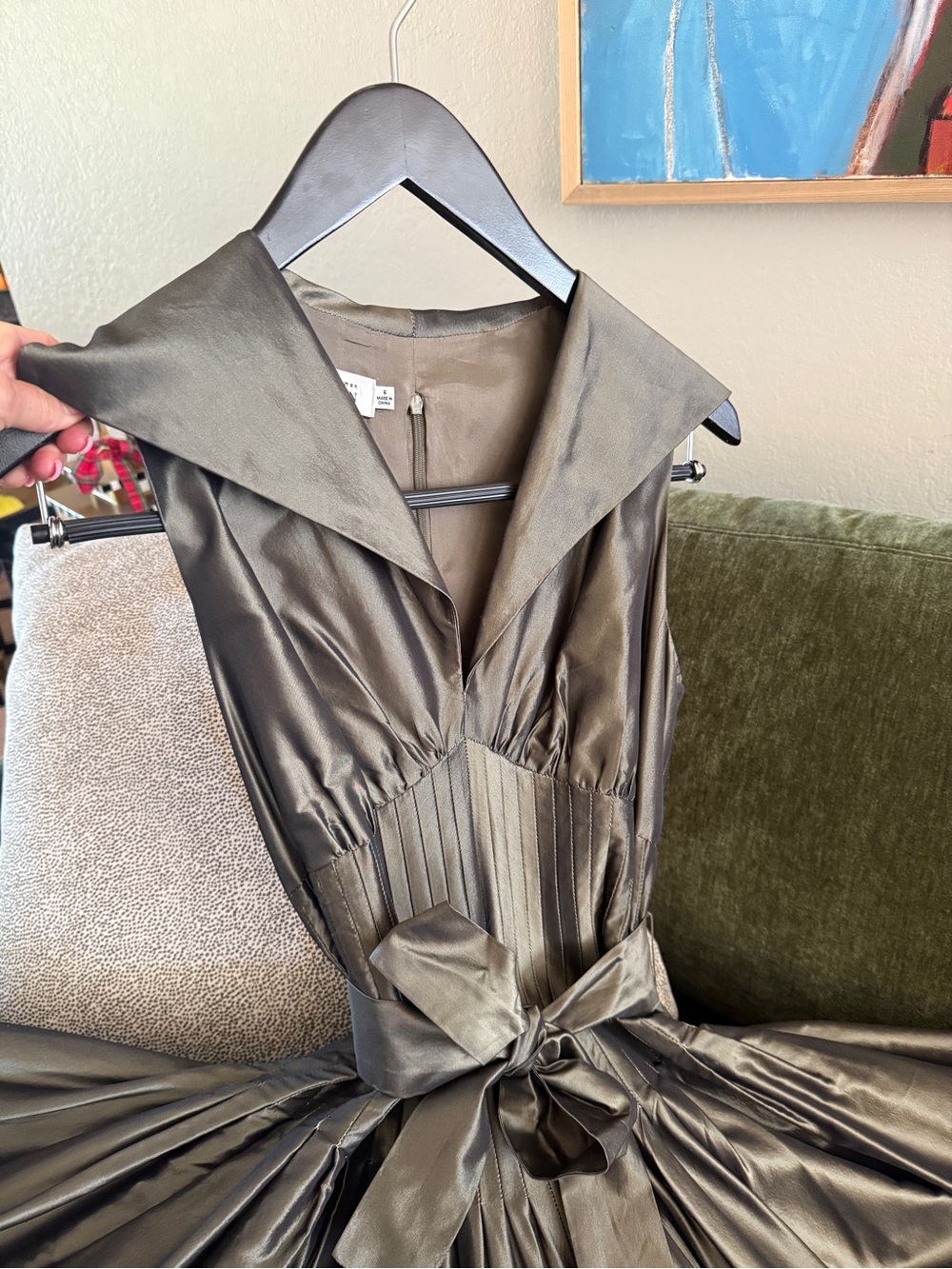 Teri Jon Olive Green Taffeta Fit‑and‑Flare Midi Dress with Pleated Waist & Bow - Picture 13 of 15